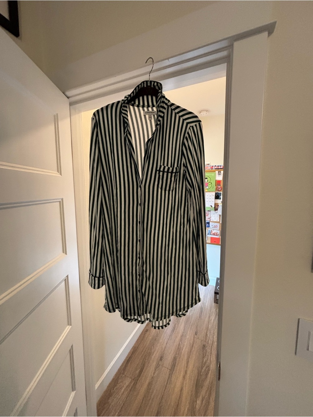 Nordstrom Green and White Vertical-Stripe Button-Down Sleep Shirt